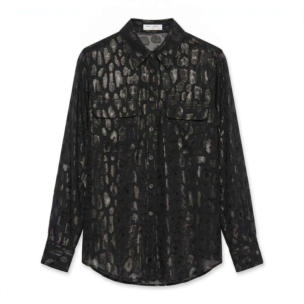 Equipment Paris Black Silk Metallic Leopard Blouse | Sheer Silk